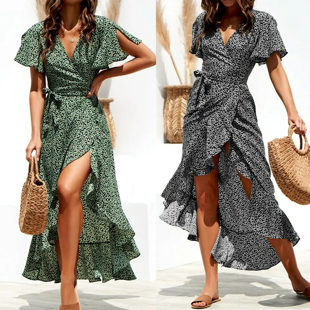 Летнее пляжное макси-платье женское с цветочным принтом Boho длинное шифоновое платье с оборками, повседневное, с v-образным вырезом, с разрезом, Сексуальные вечерние платья, Robe Femme