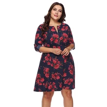 

Spring Autumn Plus Size Women Clothing Print Waist Controlled Three Quarter Sleeve Zipper Dress Elastic Waist Knee Length Skirt