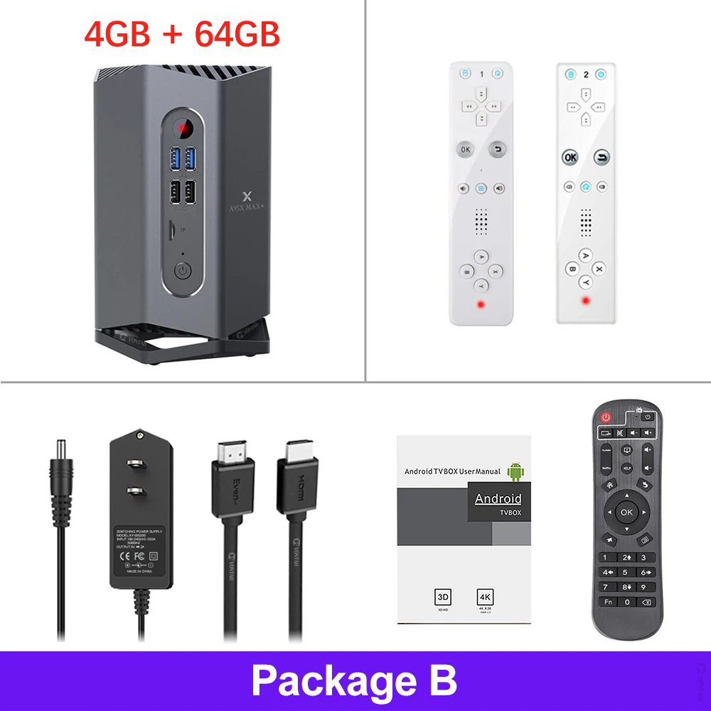 Игровой ТВ приставка A95X MAX PLUS Amlogic S922X Android 9,0 4 Гб 64 Гб Dual mimo Wifi 4K 75fps Google Play Stor PLEX медиасервер плеер - Цвет: Package B