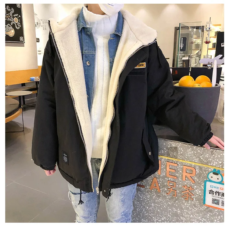 Lambs Wool Cotton-padded Clothes Hong Kong Style Autumn& Winter Loose-Fit Hooded Workwear Cotton Coat Teenager Korean-style Tre