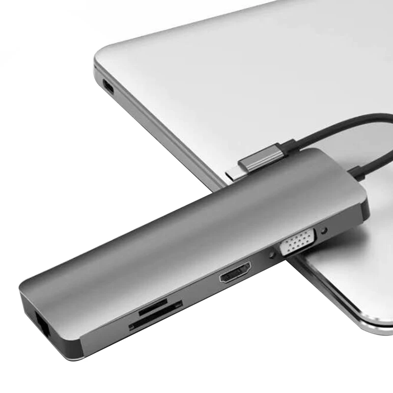 Type-C-Hub+ Hdmi+ Vga+ Rj45+ type-C(зарядка+ данные)+ Sd/Tf одновременное считывание карт 3,0