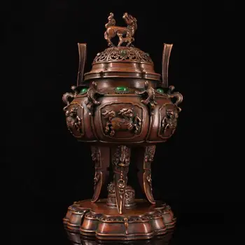 

wedding decoration Tibetan monastery collection copper collection hand-made inlaid lion statue gem incense burner