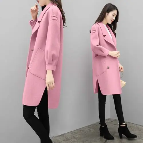 Зимнее корейское пальто женское Модное Элегантный шерстяной жакет офисное женское длинное пальто с длинным Рукавом Casaco Feminino 2XL - Цвет: pink