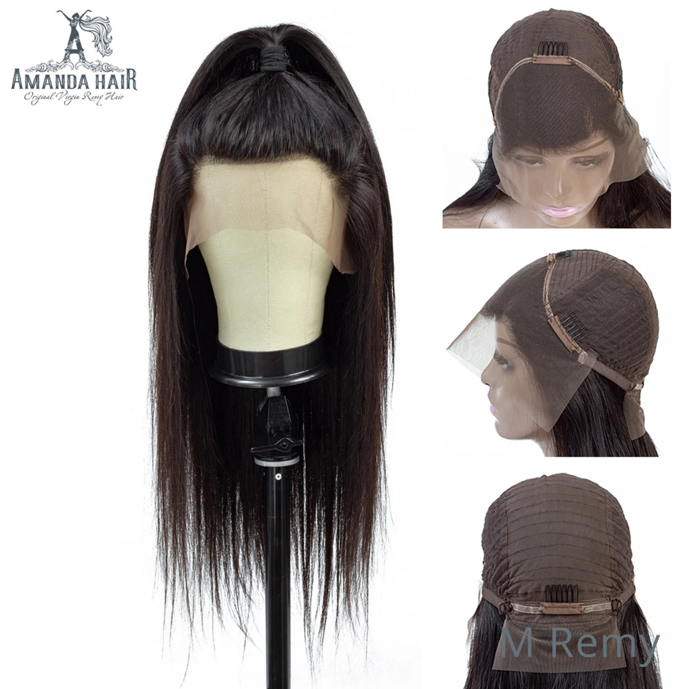 Аманда Кружевные передние человеческие волосы парики прямые предварительно выщипанные 150% плотность Remy малазийские прямые парики с детскими волосами натуральный цвет