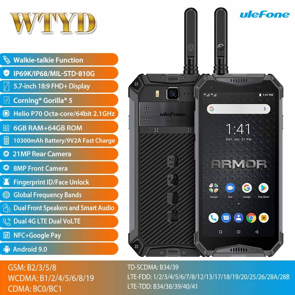 Рация Ulefone Armor 3WT прочный мобильный телефон экран 5 7 дюйма 6 ГБ + 64 10300 мАч 21 МП NFC Android