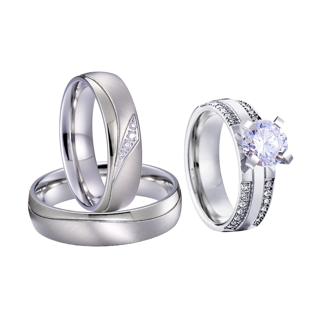 Conjunto de anillos compromiso para hombre y mujer, sortija de propuesta de boda, Color plateado, accesorios de moda, 3 uds.|Anillos| - AliExpress