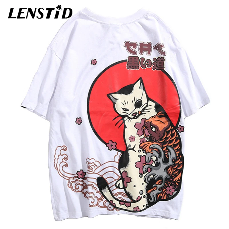 LENSTID Футболка мужская хип-хоп японская укийо E Cat Футболка Harajuku уличная футболка повседневная с коротким рукавом летняя футболка