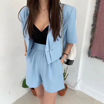 

New 2020 summer 2 pieces suits Office OL Notched short sleeve coat tops + High waist casual shorts set Women two piece set