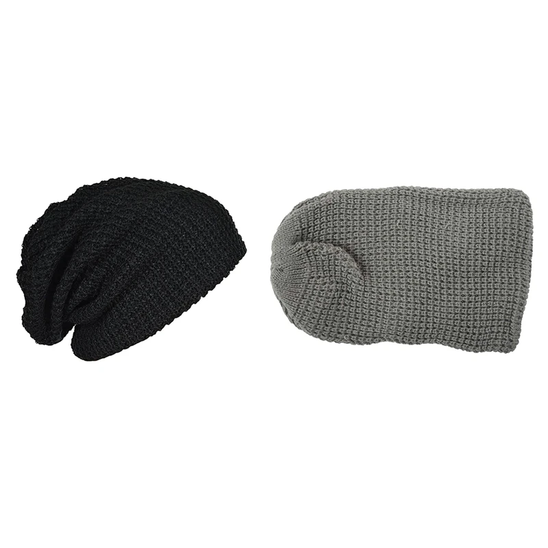 

2x Men Slouchy Long Beanie Knit Cap for Summer Winter Oversize Black & Gray