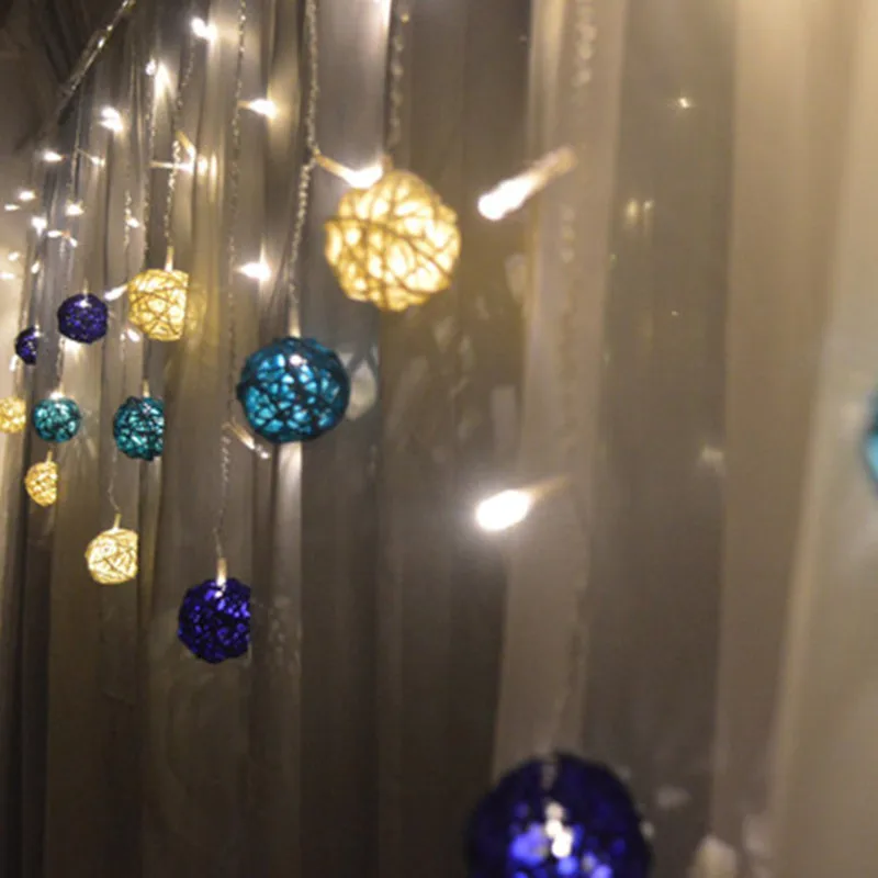 Curtain Lights 4M*0.3 0.4 0.5m 96led Multicolor Handmade Rattan Balls String Fairy Party Patio Decor Party Night Twinkle garland