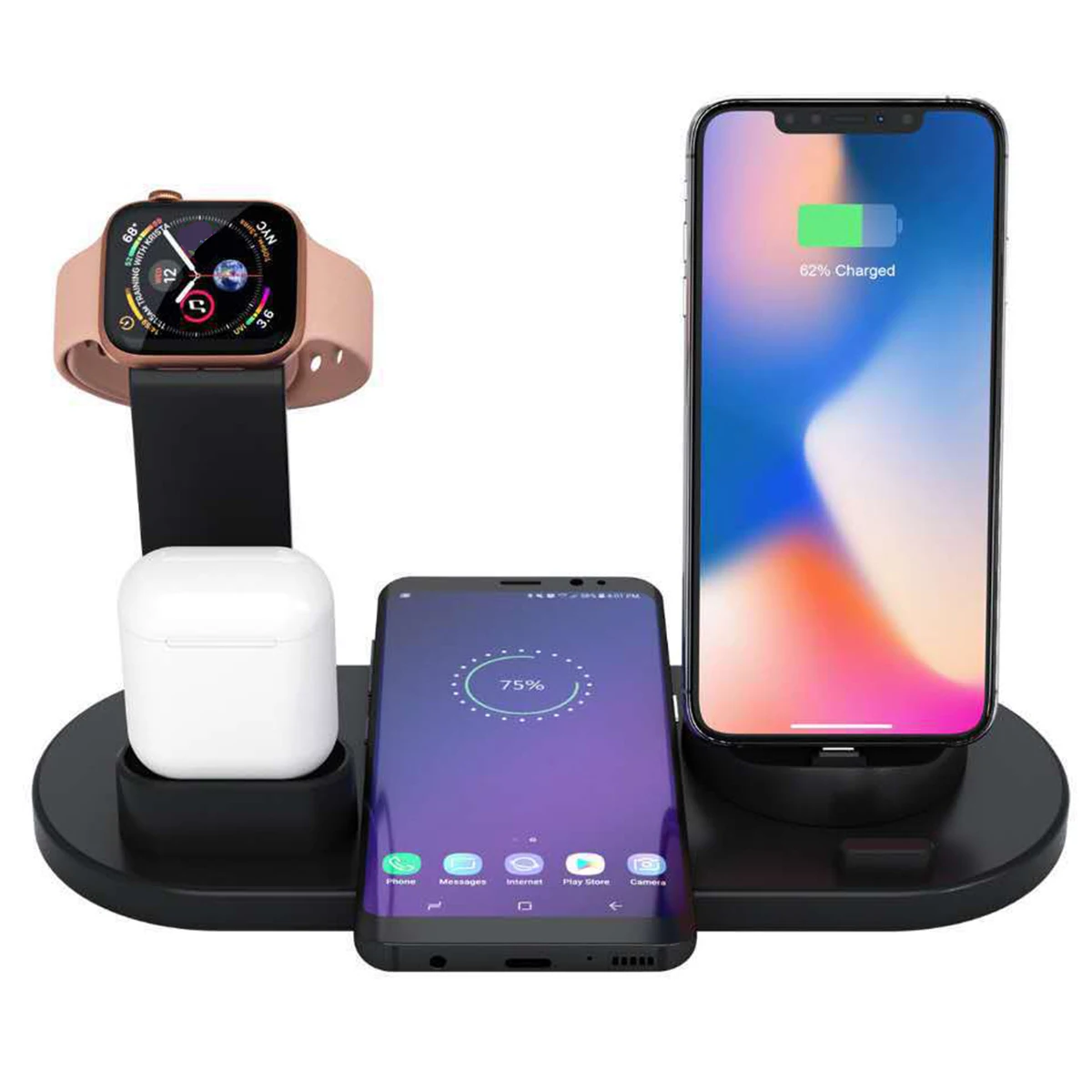 3-в-1 Wirelss зарядное устройство док-станция для наручных часов Apple Watch, быстрая зарядка станция для мобильного телефона Airpod многофункциональная Зарядное устройство 1,2 м кабель - Цвет: Черный