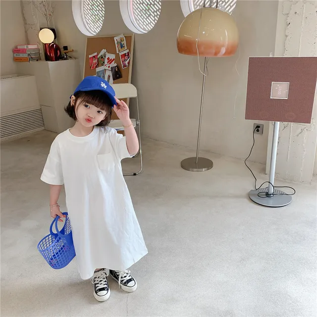 2021 Summer Girl New Long Dress Simple Casual Solid Color Pocket T-shirt  Pencil Skirt Children Short Sleeve Dress - Girls Casual Dresses - AliExpress