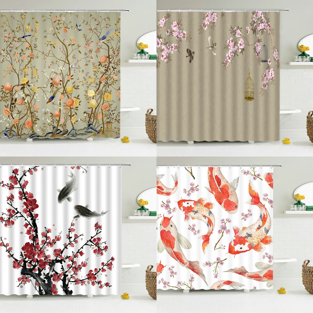 Shower Curtains Waterproof Hooks-Decoration Printed-Fabric Chinese-Style Bird 3d 