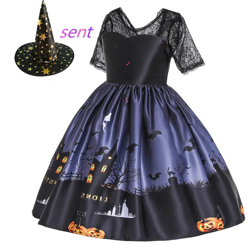 Kids Dress Girl Halloween Christmas Cosplay Costume Satin Printed Fashion 2-10 Years Old Children's With Free Hat | Детская одежда