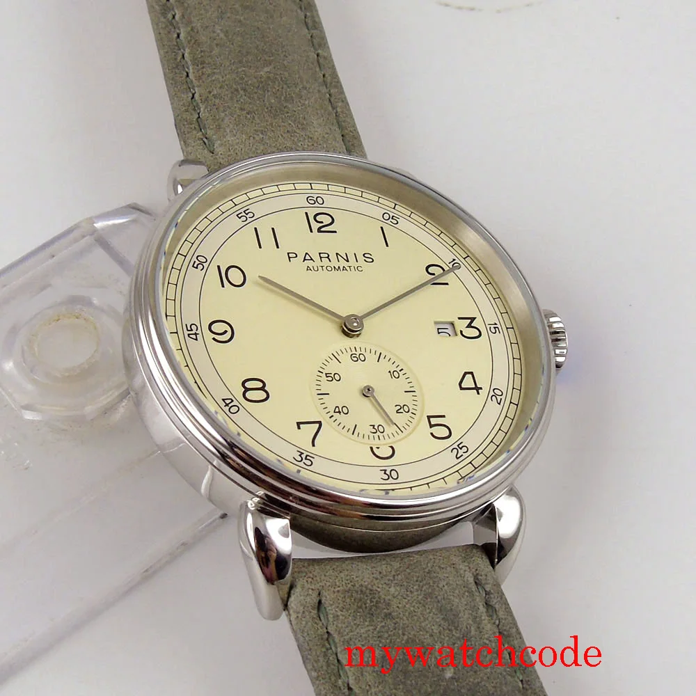 42mm PARNIS Automatic Wristwatch Leather Strap Polished Case Glass Back ST Movement Off-White Dial