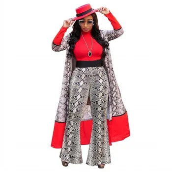 

3 Piece Bazin Suit Women Africa Clothing 2019 New African Fashion Snake Wide-Legged Pants with Long Coat Big Elastic For Lady