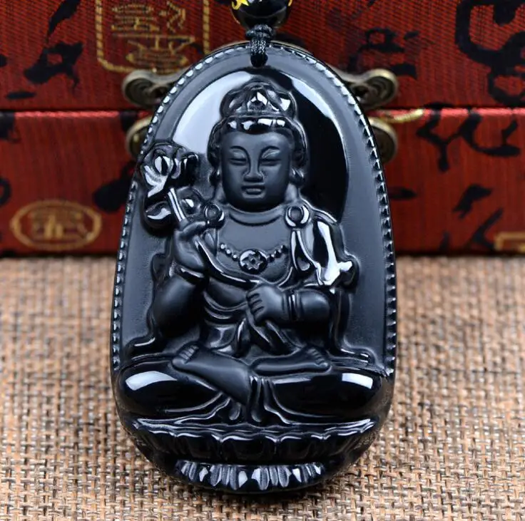 Ожерелье из черного камня красивая резьба китайский натуральный черный обсидиан