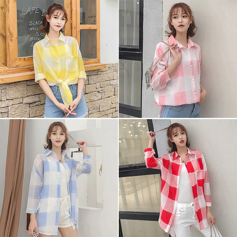 

Summer Wear New Style Women's Korean-style Mid-length Loose-Fit Plaid Shirt Front Short Long Back Coat Cardigan Fashion