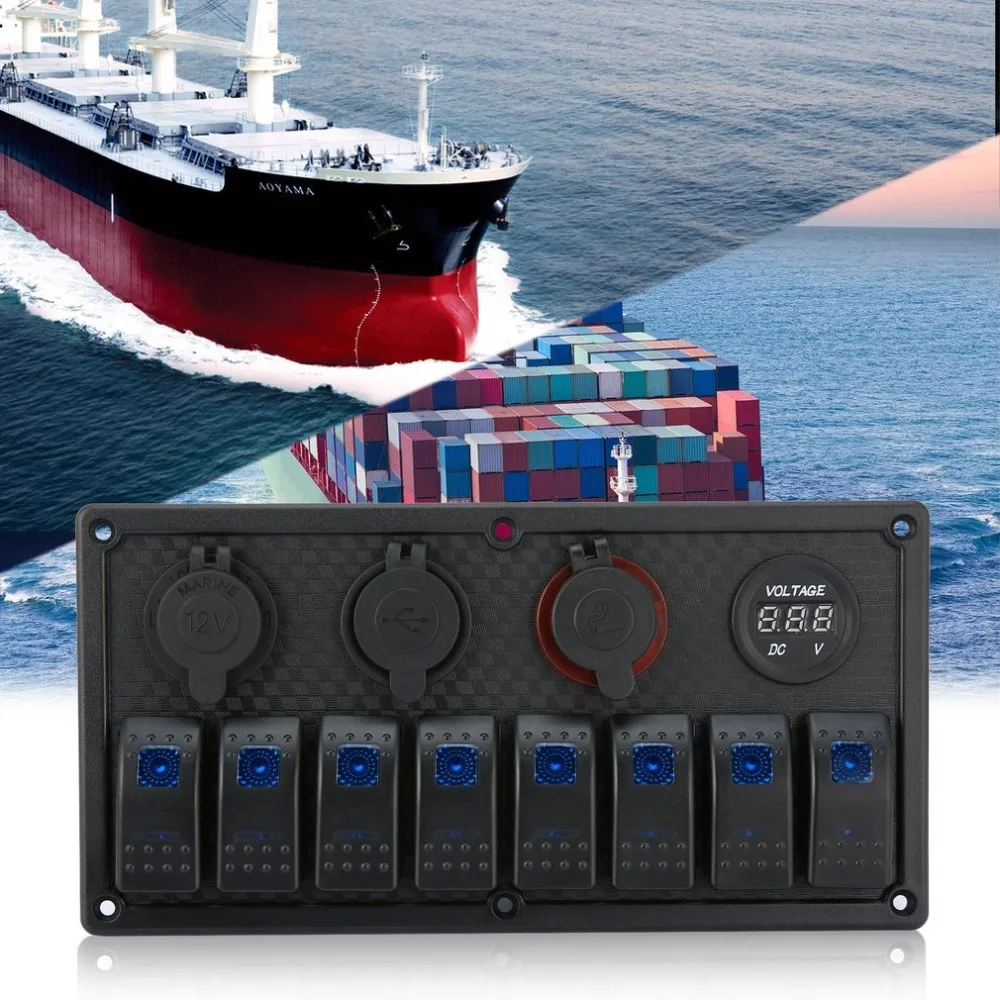 LED Car Boat Rocker Switch 8 Gang Panel Dual USB Cigarette Lighter Socket Voltmeter Auto Car LED Boat Switch Panel