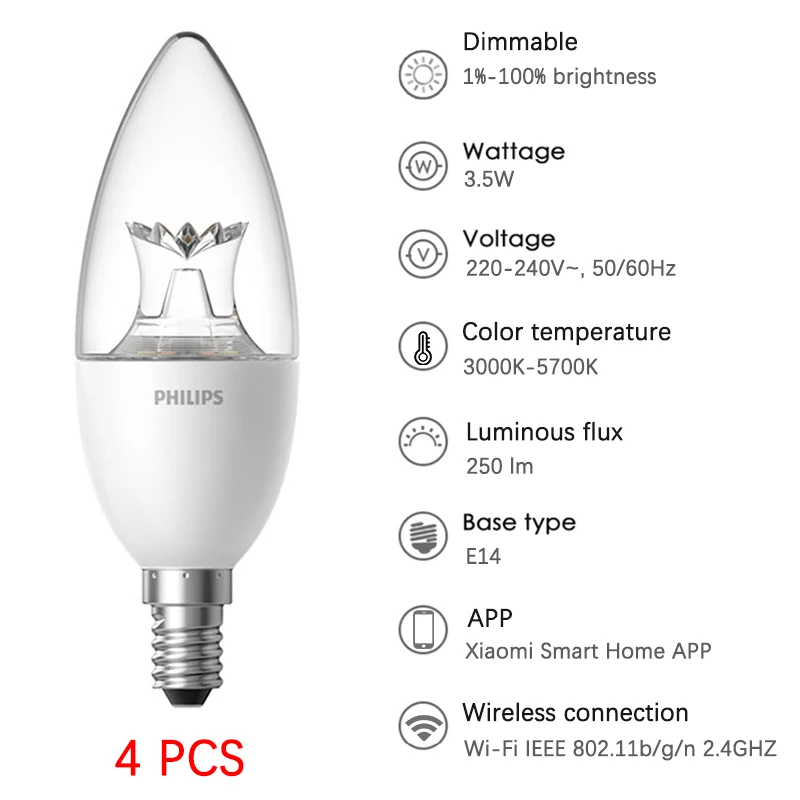 Xiao mi jia светодиодные свечи Смарт светильник лампа WiFi E14 затемнения PHILIPS Zhirui лампа приложение управление mi умный дом устройство автоматизации - Цвет: 4PCS crystal version