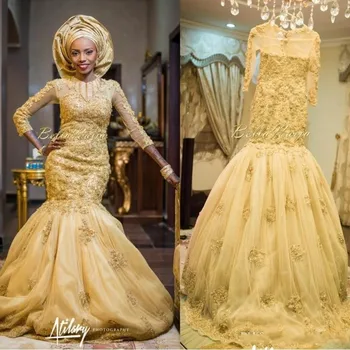

Gold African Traditional Wedding Dresses 2020 Beaded 3D floral Beads Lace Appliques Long Sleeves Tulle Court Train Bridal Gowns