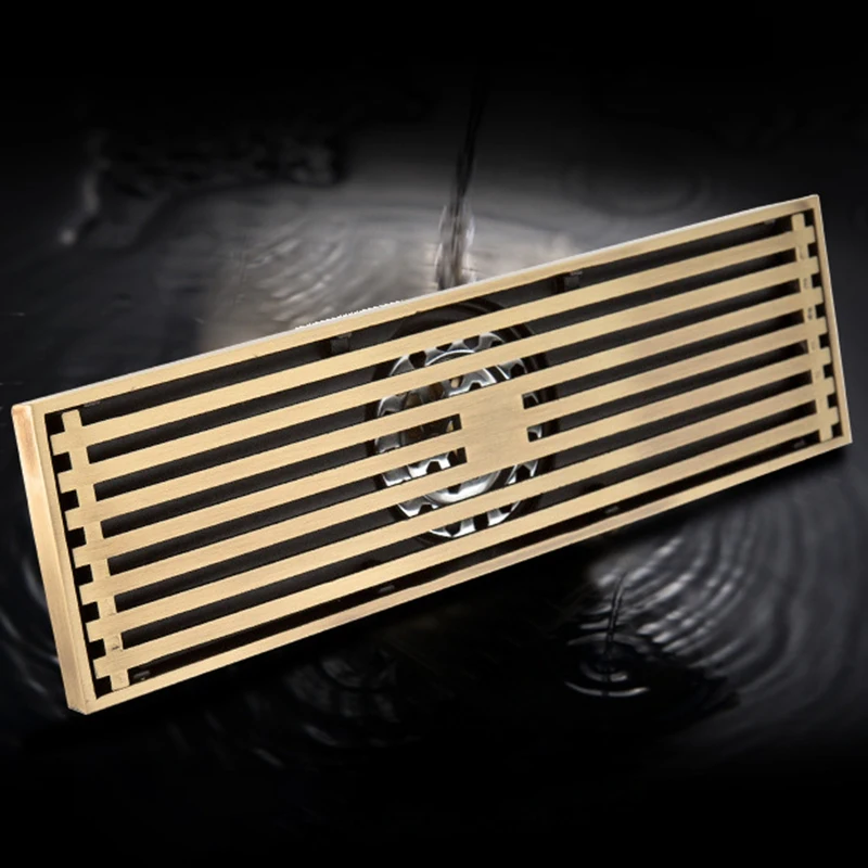 

Top-Drains Euro Style Brass Bathroom Linear Shower 8x30Cm Floor Drain Wire Strainer Art Carved Cover Waste Drain B8029