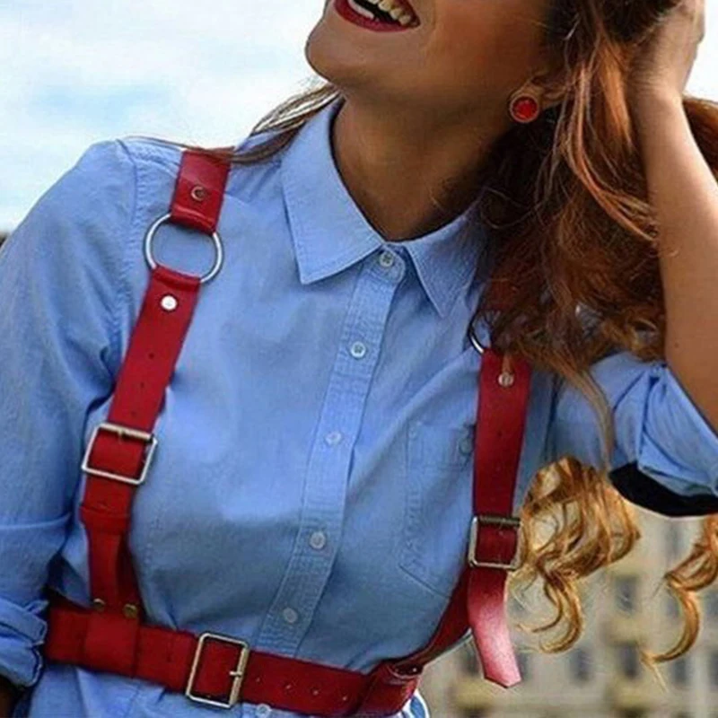 

Women Red Fashion Leather Wide Belt Harness Belt Punk For Gothic Top Chest Straps Cage Sexy Waist Female Belts