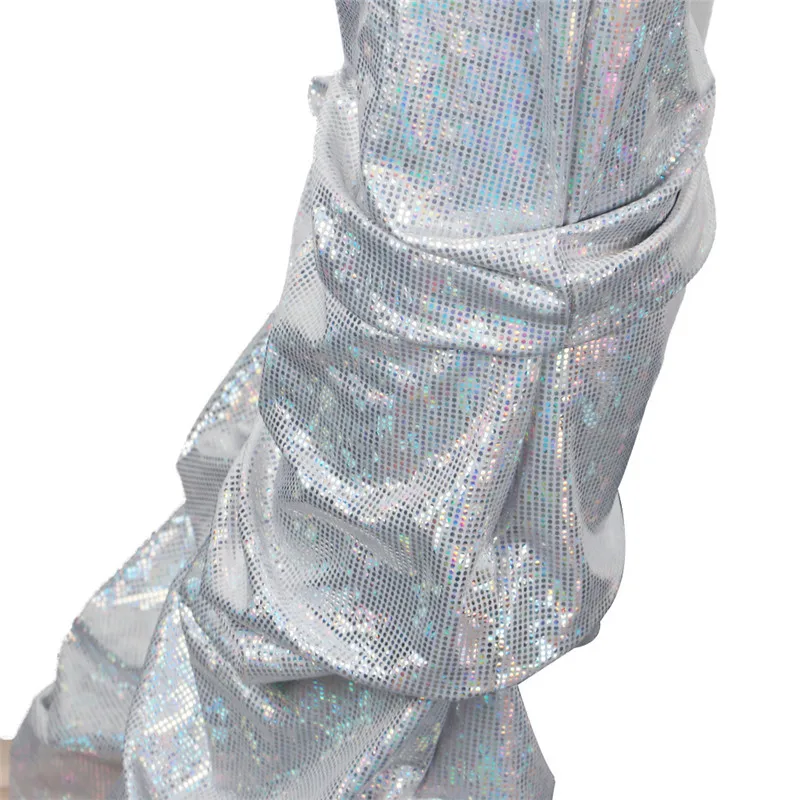 ANJAMANOR блестящая голографическая Серебристая Сексуальная Расклешенная юбка с рюшами Вечерние брюки для ночного клуба с высокой талией осенние зимние брюки женские D35-AE29