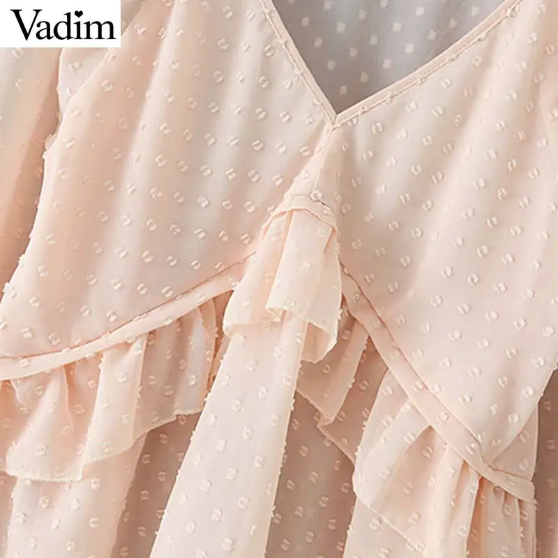 Vadim женская блузка в горошек с оборками, v-образный вырез, длинный рукав-фонарик, Женская Повседневная элегантная шикарная однотонные Блузы LB378