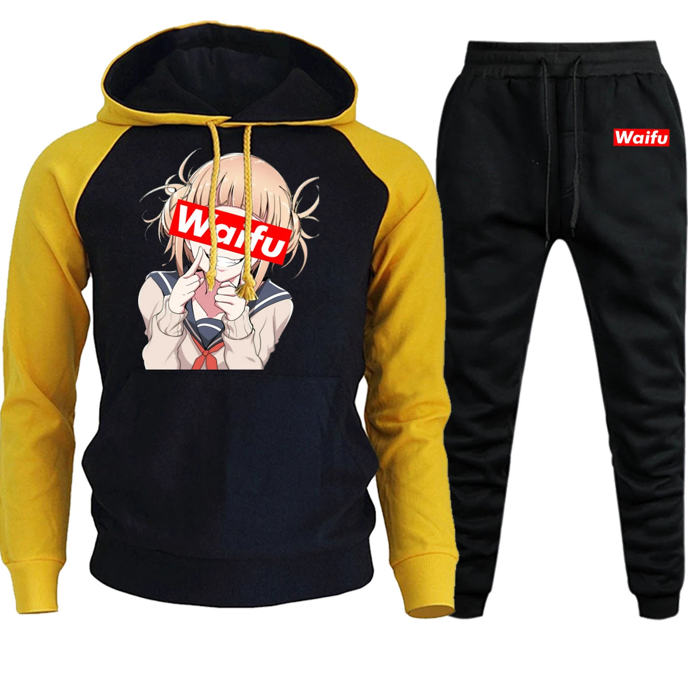Новинка Осень Зима Мужская толстовка Waifu Мультфильм реглан толстовки в стиле хараджуку повседневный костюм мужской пуловер+ брюки комплект из 2 предметов - Цвет: yellow black6