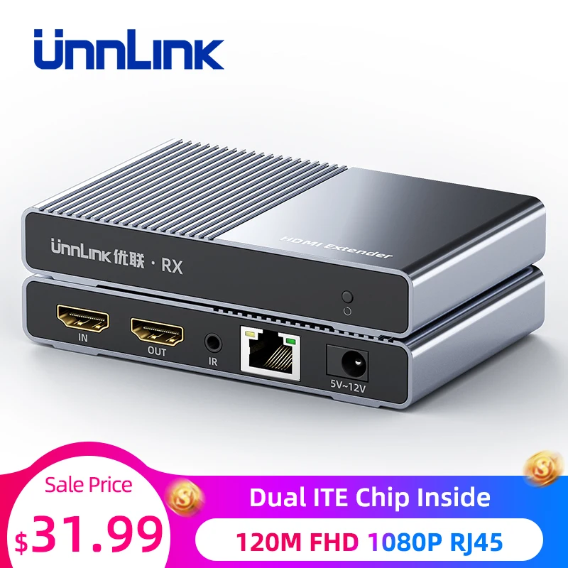  Unnlink HDMI Extender 120M FHD 1080P Dual ITE Chip IP/TCP CAT6/7 Network LAN RJ45 Ethernet IR Trans