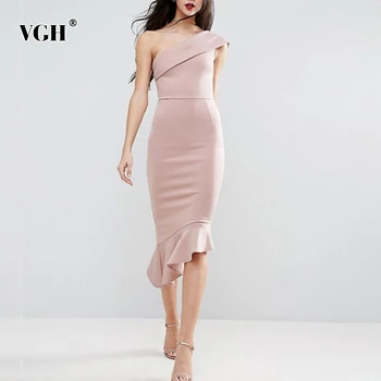 

VGH Sexy Slim Ruffles Women's Dress One Shoulder Sleeveless High Waist Evening Party Dresses Female 2020 Fashion Summer New