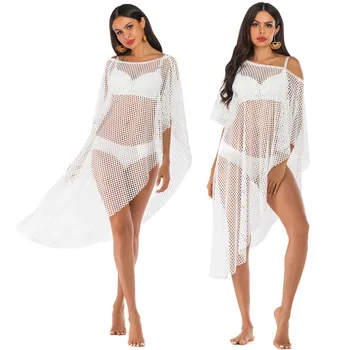 

Cover Up Beach Woman Swimsuits Sexy Pareos Free Shipping Swimwear Women Irregular Hollow Perspective Grid A1988 Solid Spandex