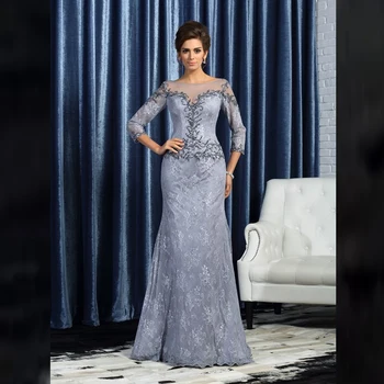 

2020 Gorgeous Lace Mermaid Three Quarter Sleeves Mother of the Bride Dresses Illusion Bateau Neck Beading Wedding Party Gowns