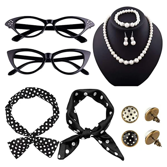 12 Pieces 50s Costume Accessories Set Cat Eye Glasses Fancy