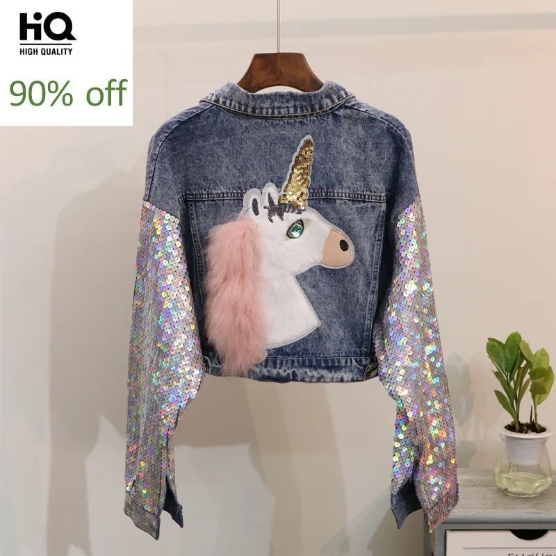 

2020 Spring New Sequins Patch Designs Jean Jacket Women Fashion Brand Turn-down Collar Loose Fit Batwing Sleeve Denim Coat Girls