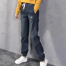 Зимние Утепленные вельветовые джинсы, женские теплые джинсы-шаровары с завязками на талии, Женские Длинные Джинсы бойфренда