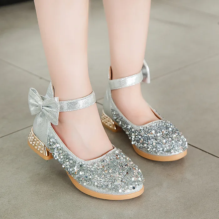 ; Новое поступление; детская одежда для девочек; кожаные туфли для девочек Стразы туфли в стиле «Принцесса» для свадьбы и вечерние Женская модельная обувь chaussure fille - Цвет: silver