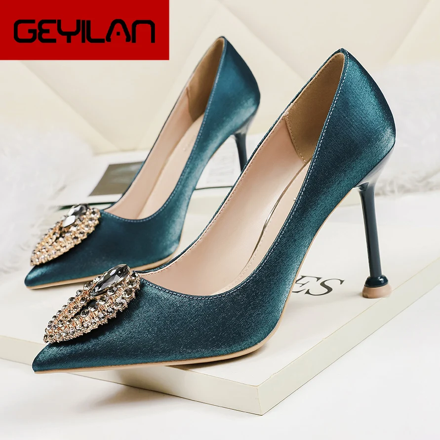 

2020 Fashion crystal 10cm High Heels Women Valentine Blue Pumps Female Satin Stiletto Heels Tacones Fetish Silk Glitter Shoes