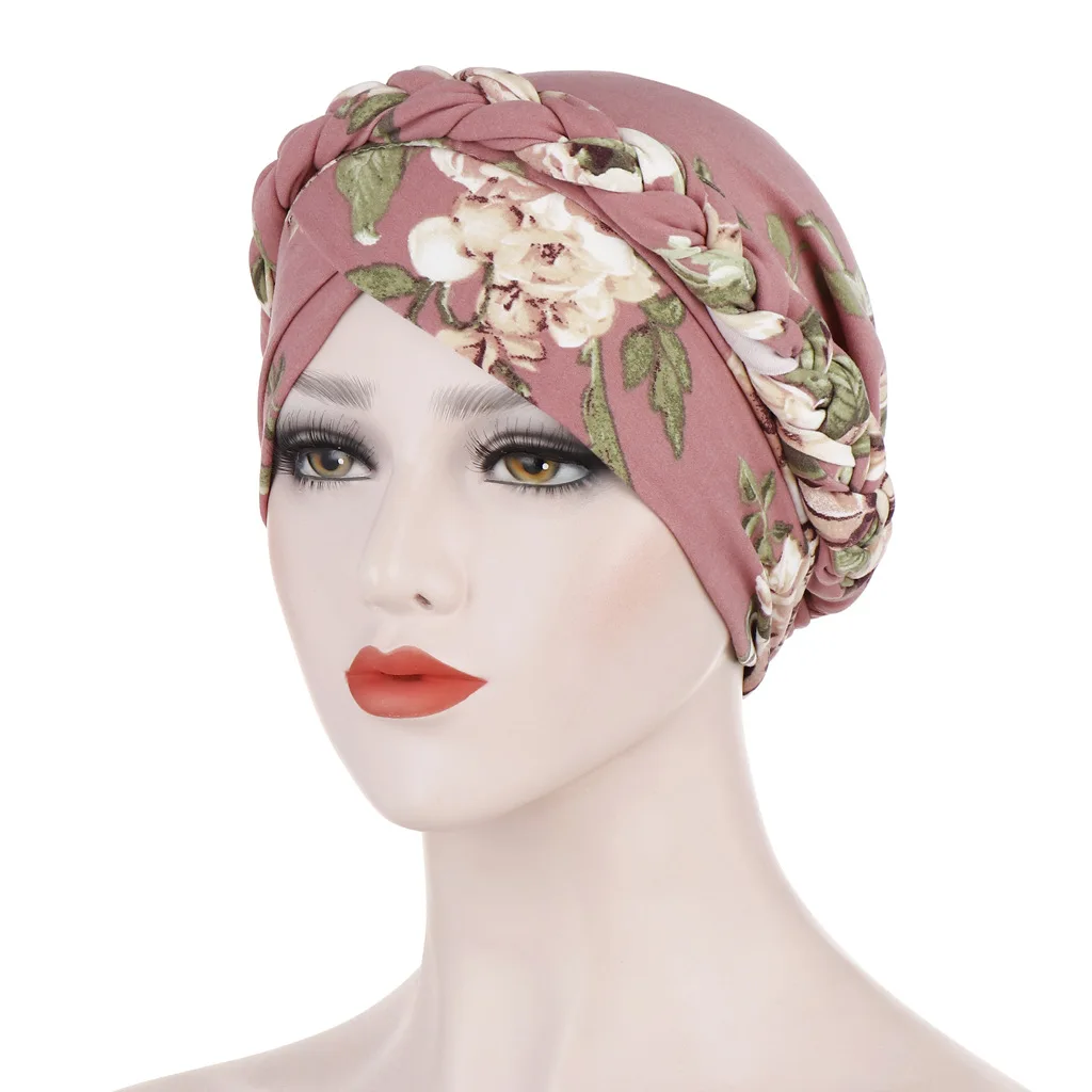 Женский молочный Шелковый платок с цветочным принтом, короткие плетеные головные уборы, мусульманский тюрбан, шапка бини для дам - Цвет: Красный