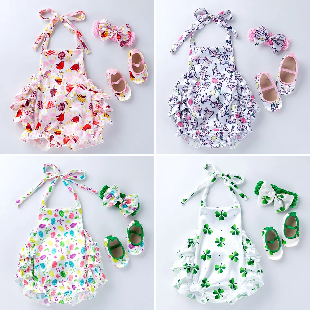 

New Pattern Baby Girls Onesie Easter Day Clothes Ruffle Infant Romper Jumpsuit Printing Clover Toddler Underwear Girls Gifts
