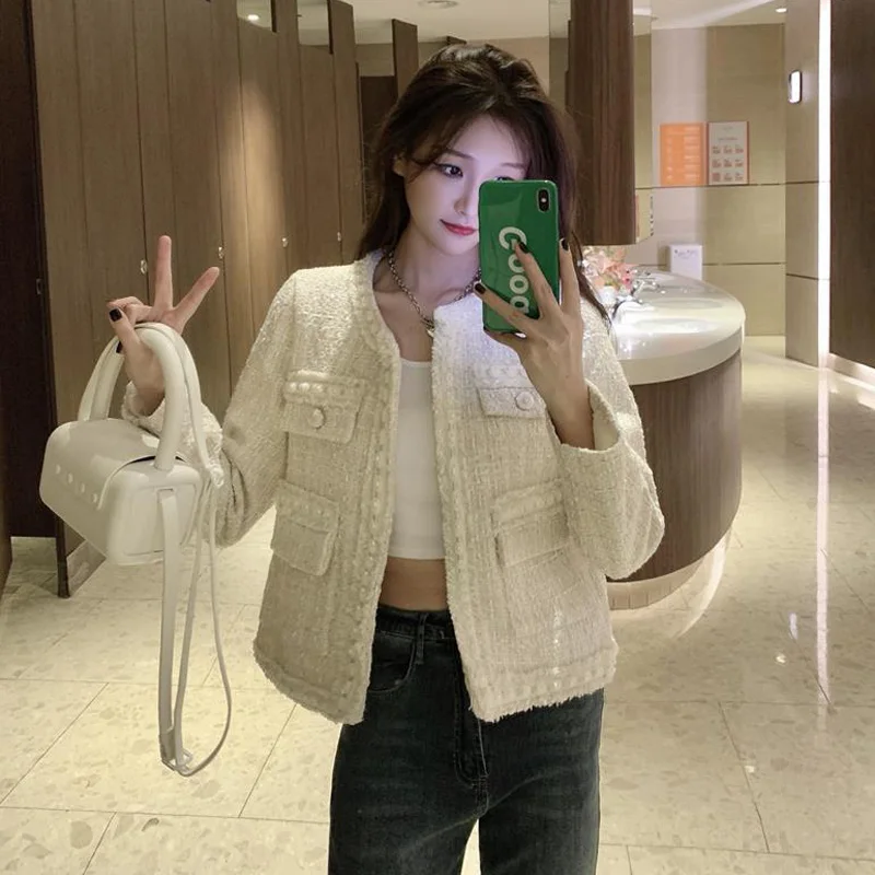 

Autumn and winter 2021 new loose French style tweed top small long sleeve women's short coat fashion