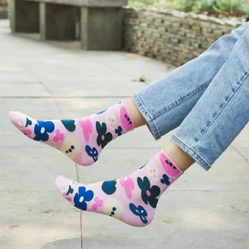 

Korean Socks Colorful Flower Cotton Middle Tube Female Socks Small Fresh Loose Mouth Moon Socks Fashion Trend Wholesale 5pairs