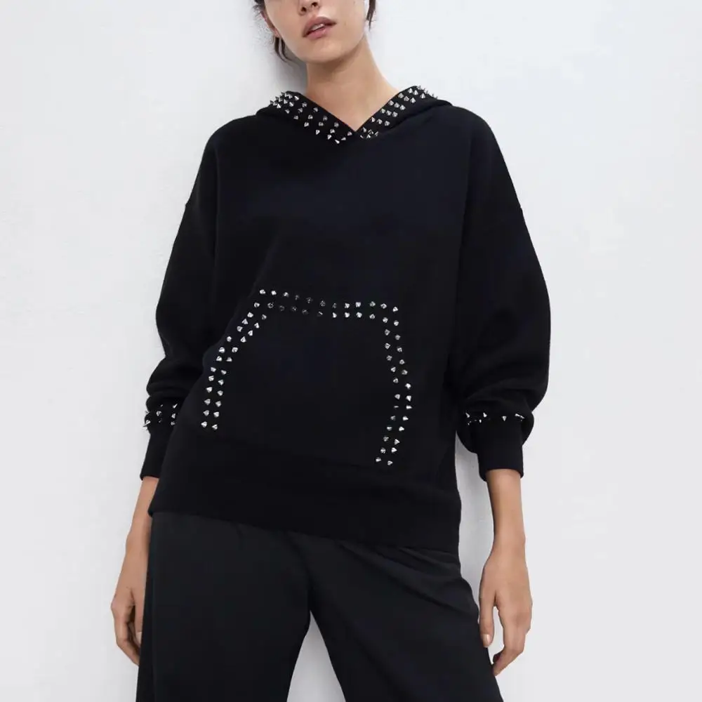 Женский трикотажный пуловер ZA Свободный Повседневный с карманами кенгуру