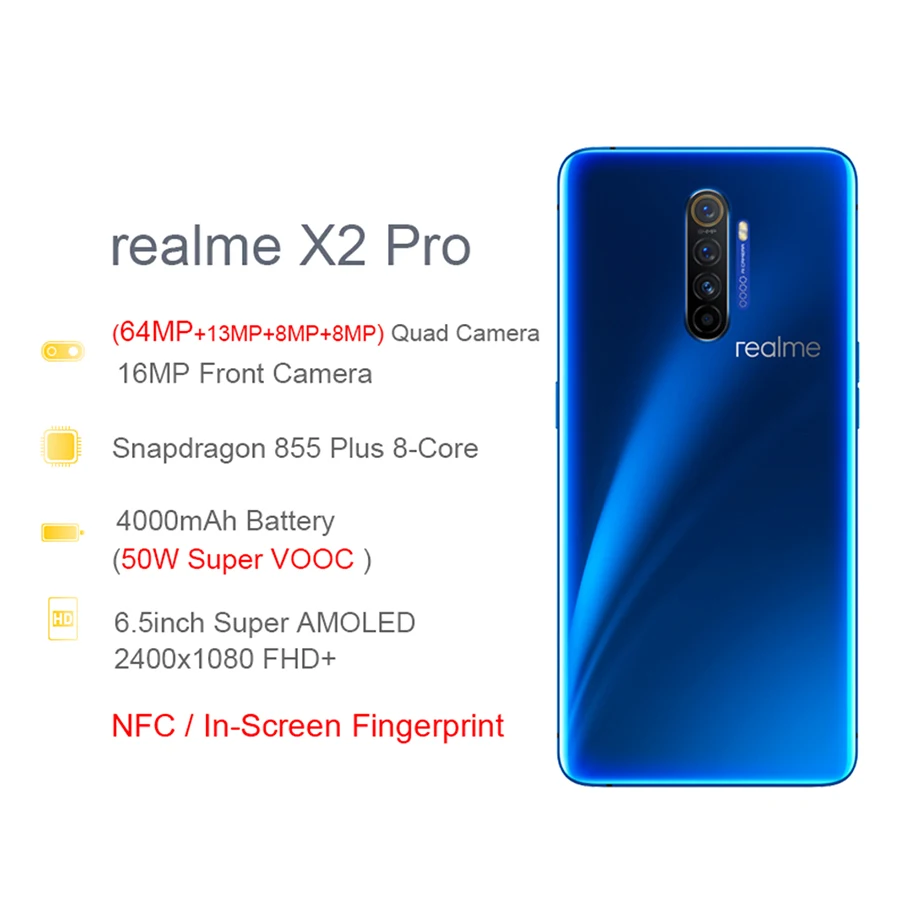 Мобильный телефон OPPO Realme X2 Pro 6,", Восьмиядерный процессор Snapdragon 855 Plus, 8 ГБ ОЗУ, 128 Гб ПЗУ, NFC, 64 мп, Face ID, 4000 мАч