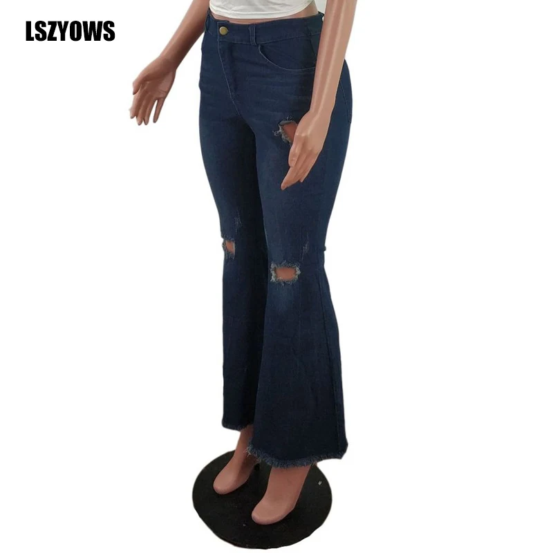 Autumn Fashion Ripped Jeans Women Stretchy High Waist Denim Pant Wide Leg Trousers Ladies Casual Vintage Bell-Bottom Flare Pants