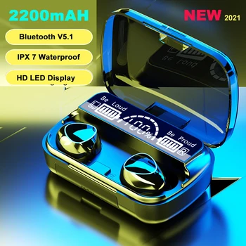 

TWS Wireless V5.1 Bluetooth Earphone HD Stereo Headphone Sports Waterproof Headset With Dual Mic and 2200mAh Battery Charge Cas