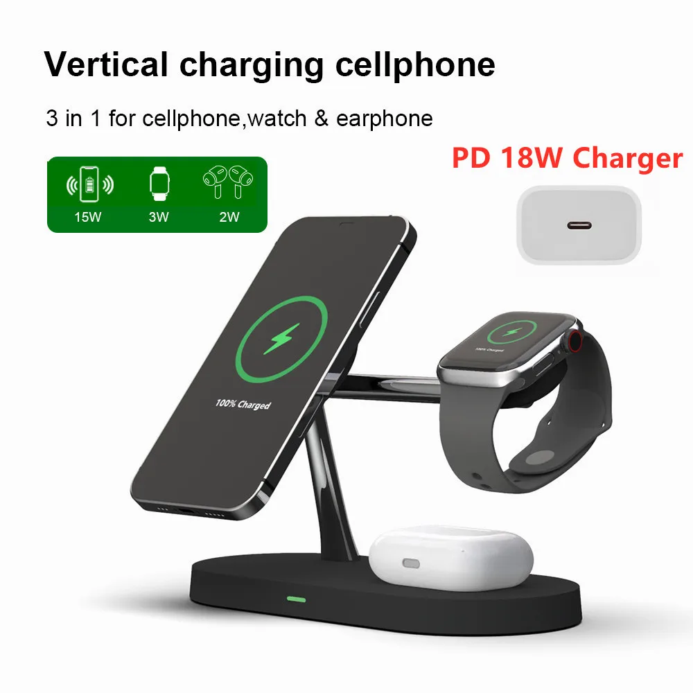 Cargador inalámbrico magnético 3 en 1, estación de carga rápida de 15W para iPhone 12 pro Max, Airpods pro, Apple Watch