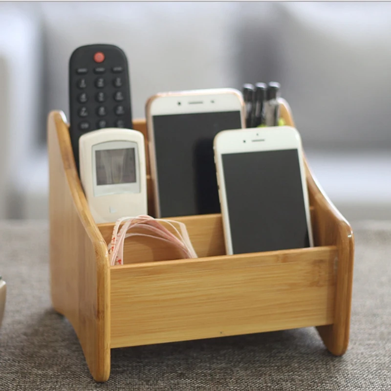 

3 Grid Bamboo Remote Control Storage Box Stationery Headphone Cable Cell Phone Office Desktop Storage Box Multifunctional Storag