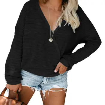 

Casual Women Solid Color Deep V Neck Cross Wrapped Walf Checks Loose Blouse